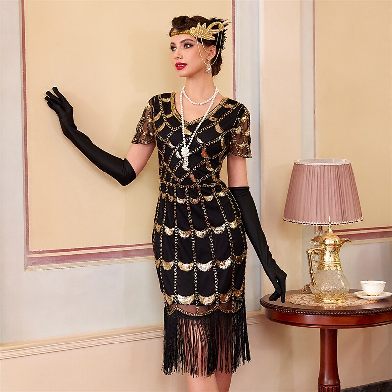 Black Sequin Pattern Flapper Dress