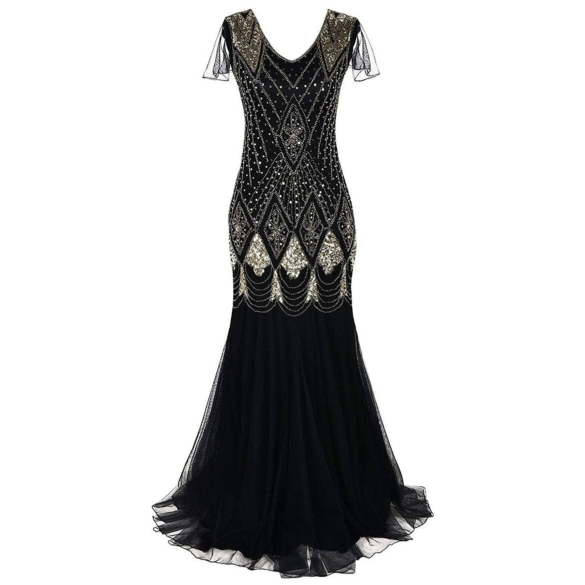 Black Art Deco Sequin Mermaid Gown