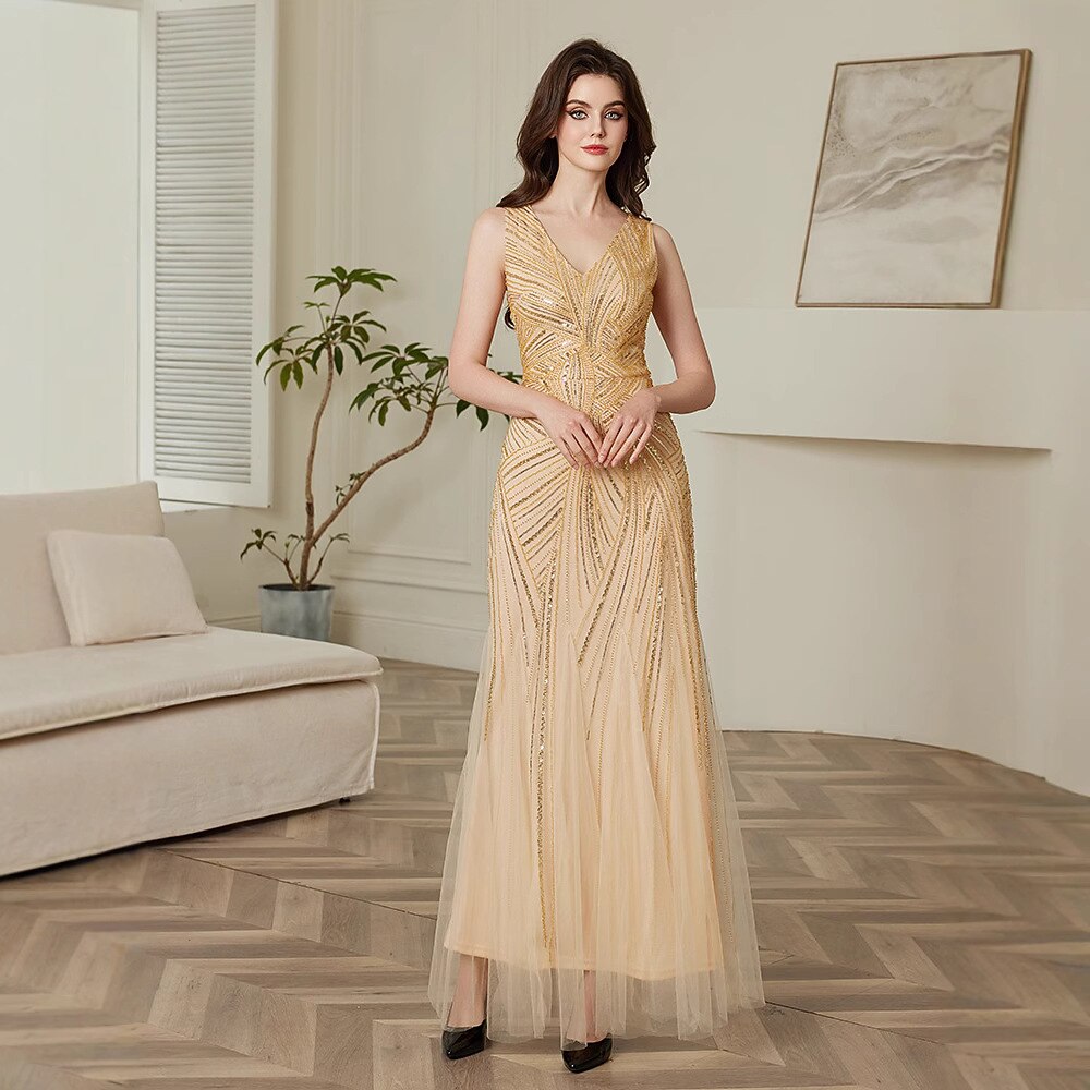 Champagne V-Neck Beaded Evening Gown