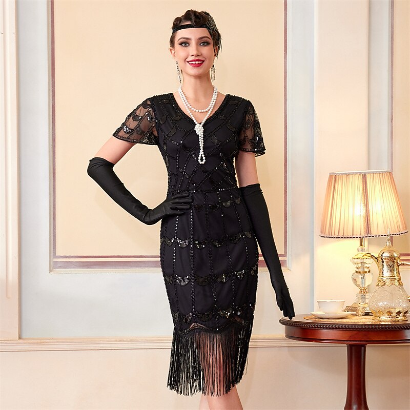 Black Sequin Pattern Flapper Dress