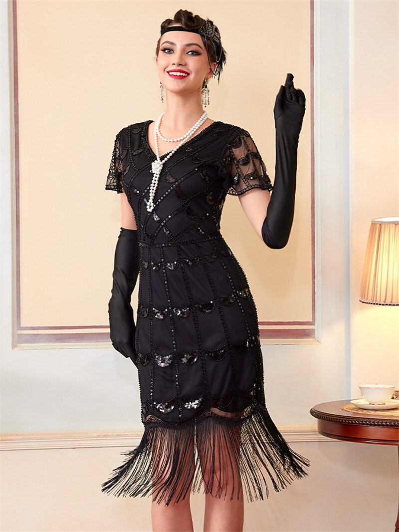 Black Sequin Pattern Flapper Dress