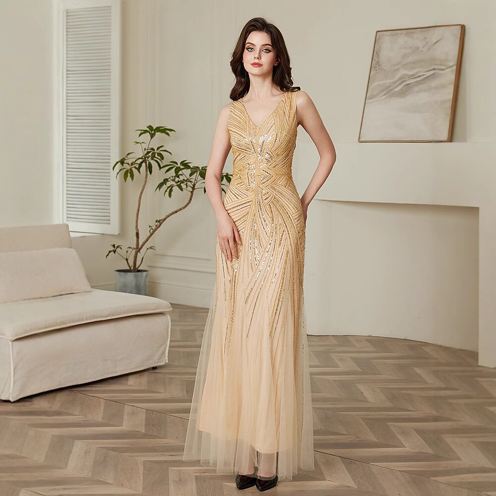 Champagne V-Neck Beaded Evening Gown