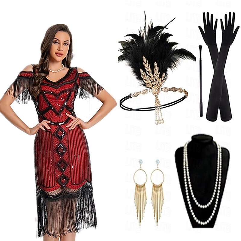 Sequin Tassel Trim Flapper Dress with ACCs