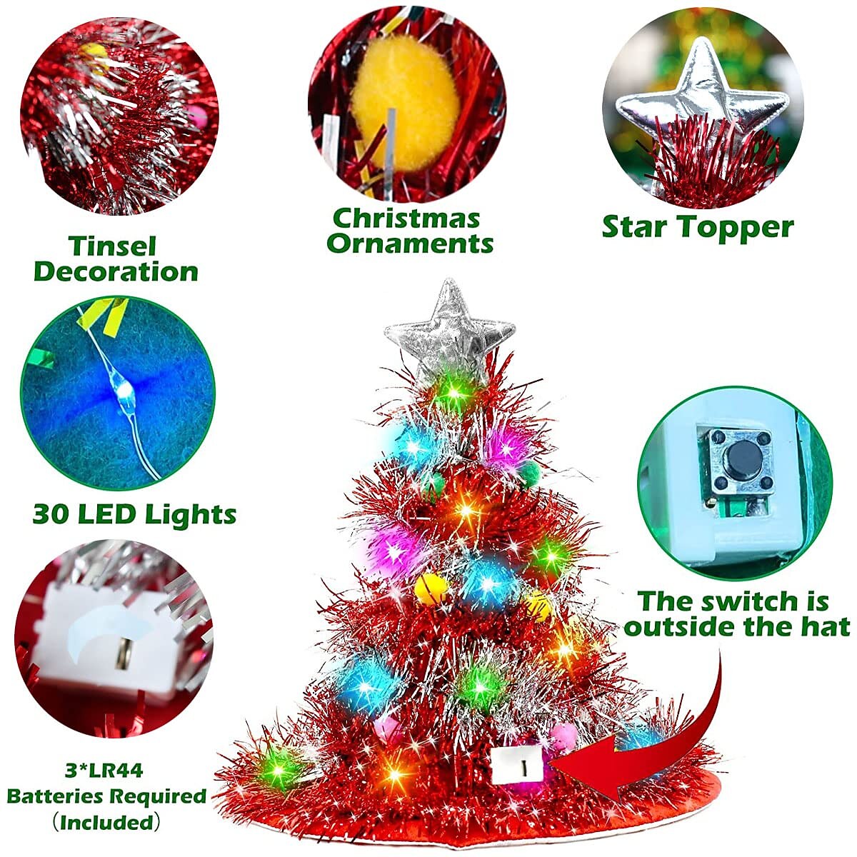 2PCS Light-up Tinsel Tree Party Hat