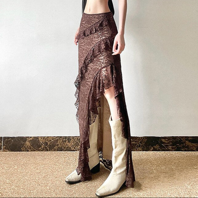 Gothic Style Asymmetrical Ruffled Lace Maxi Skirt