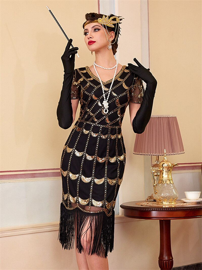 Black Sequin Pattern Flapper Dress