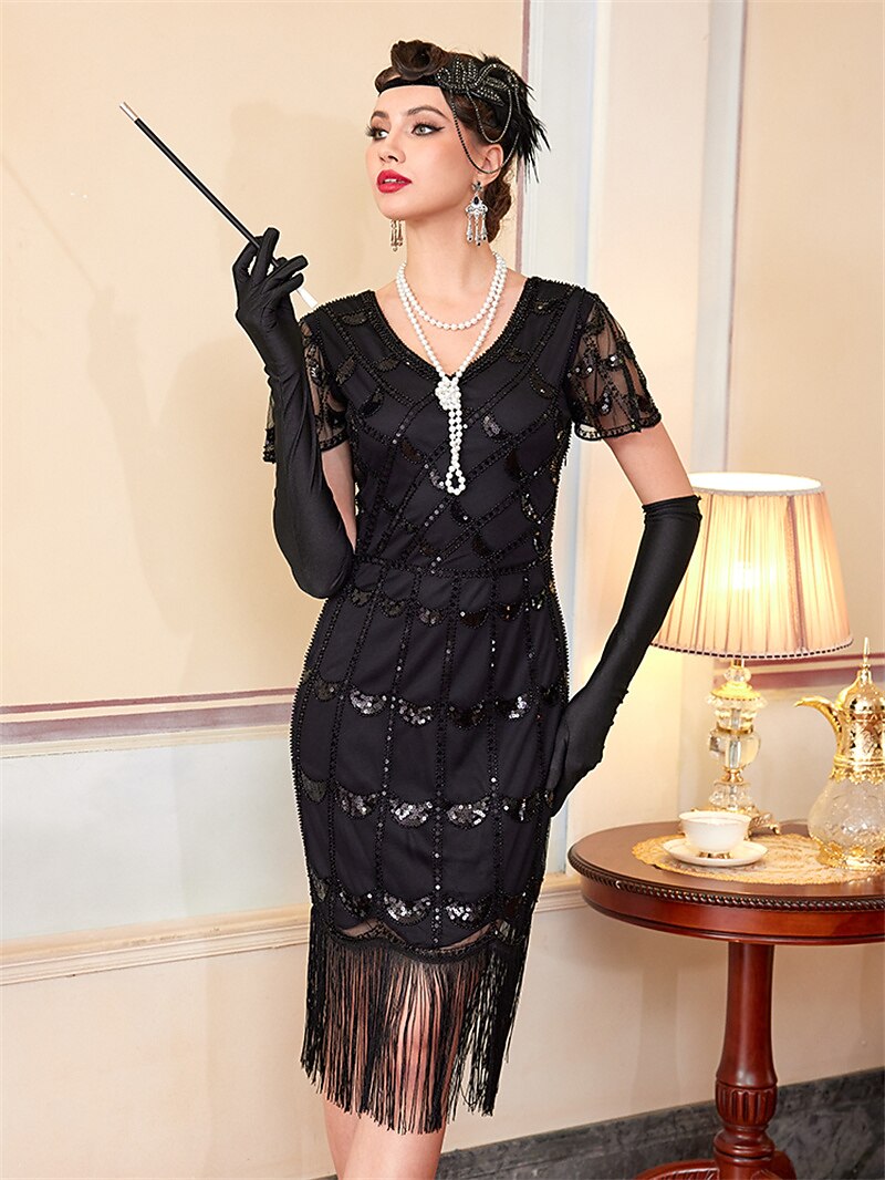Black Sequin Pattern Flapper Dress