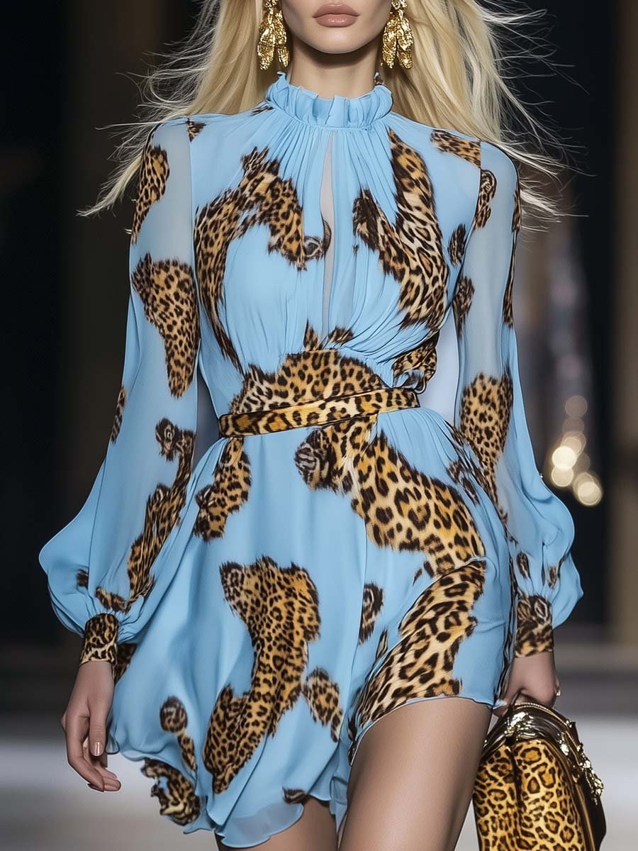 Commerce Boutique Blue Leopard Print Chiffon Mini Dress