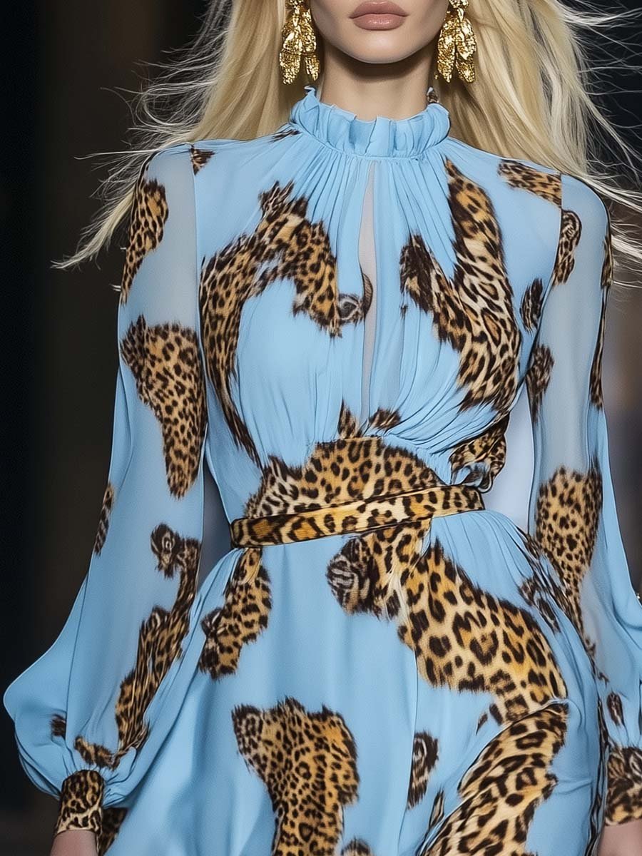 Commerce Boutique Blue Leopard Print Chiffon Mini Dress