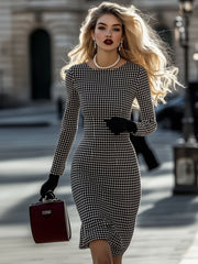 Commerce Boutique Houndstooth Round Neck Midi Dress 