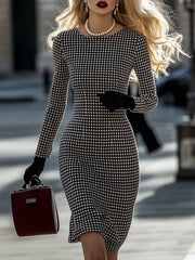 Commerce Boutique Houndstooth Round Neck Midi Dress 
