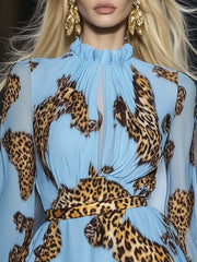 Commerce Boutique Blue Leopard Print Chiffon Mini Dress