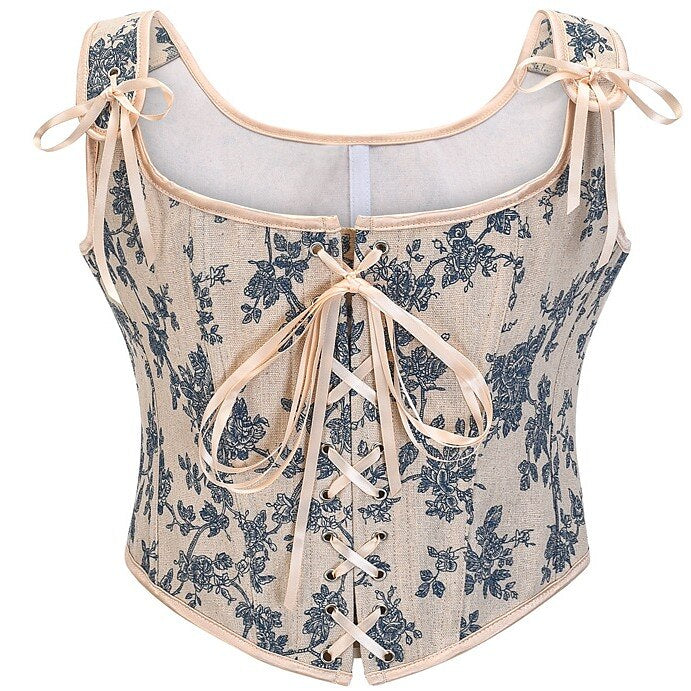 Vintage Floral Tapestry Lace-Up Front U-Back Corset Top