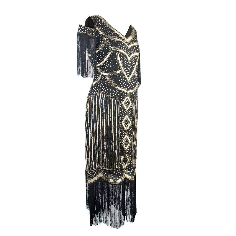 Sequin Tassel Trim Flapper Dress with ACCs