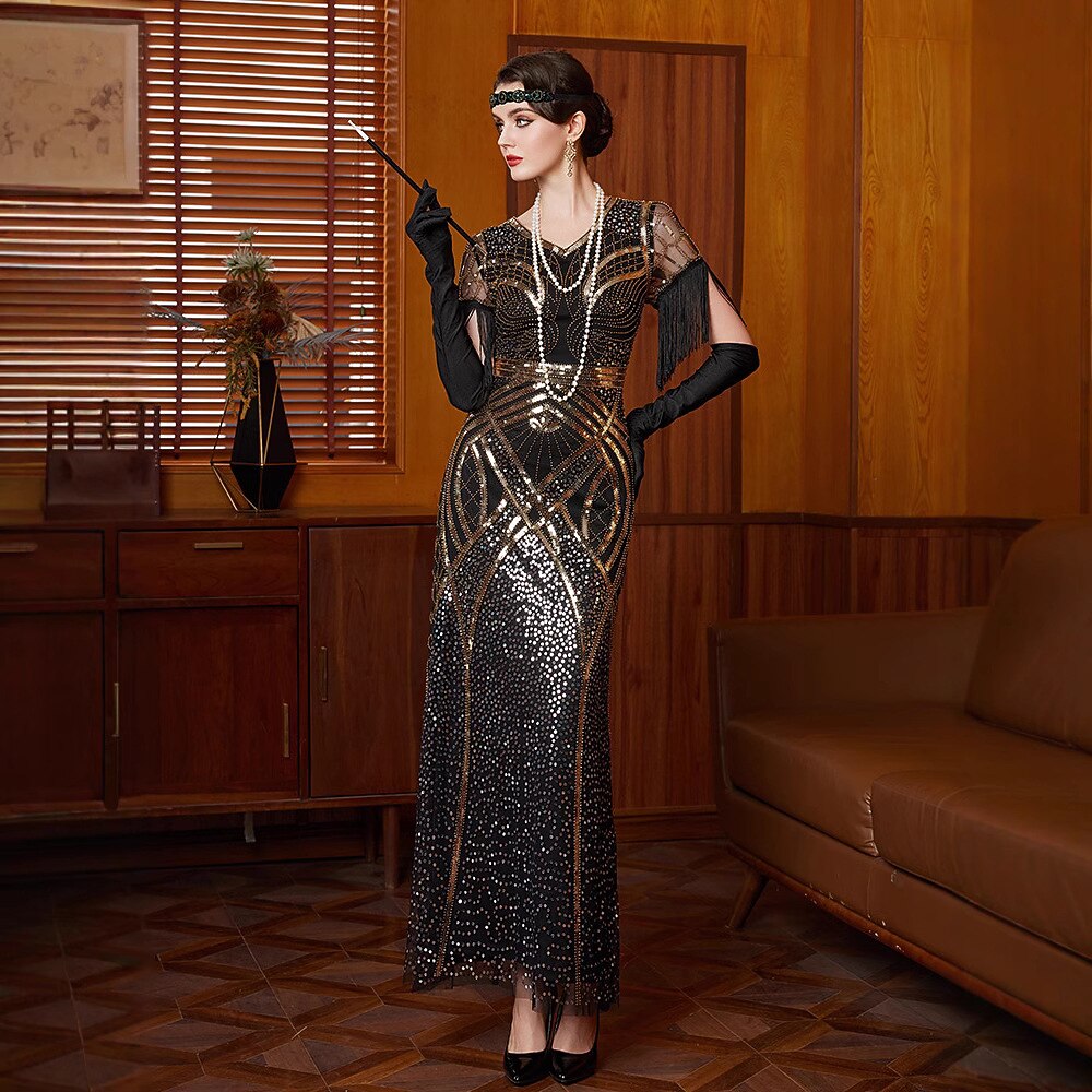 Art Deco Allover Sequin Formal Gown