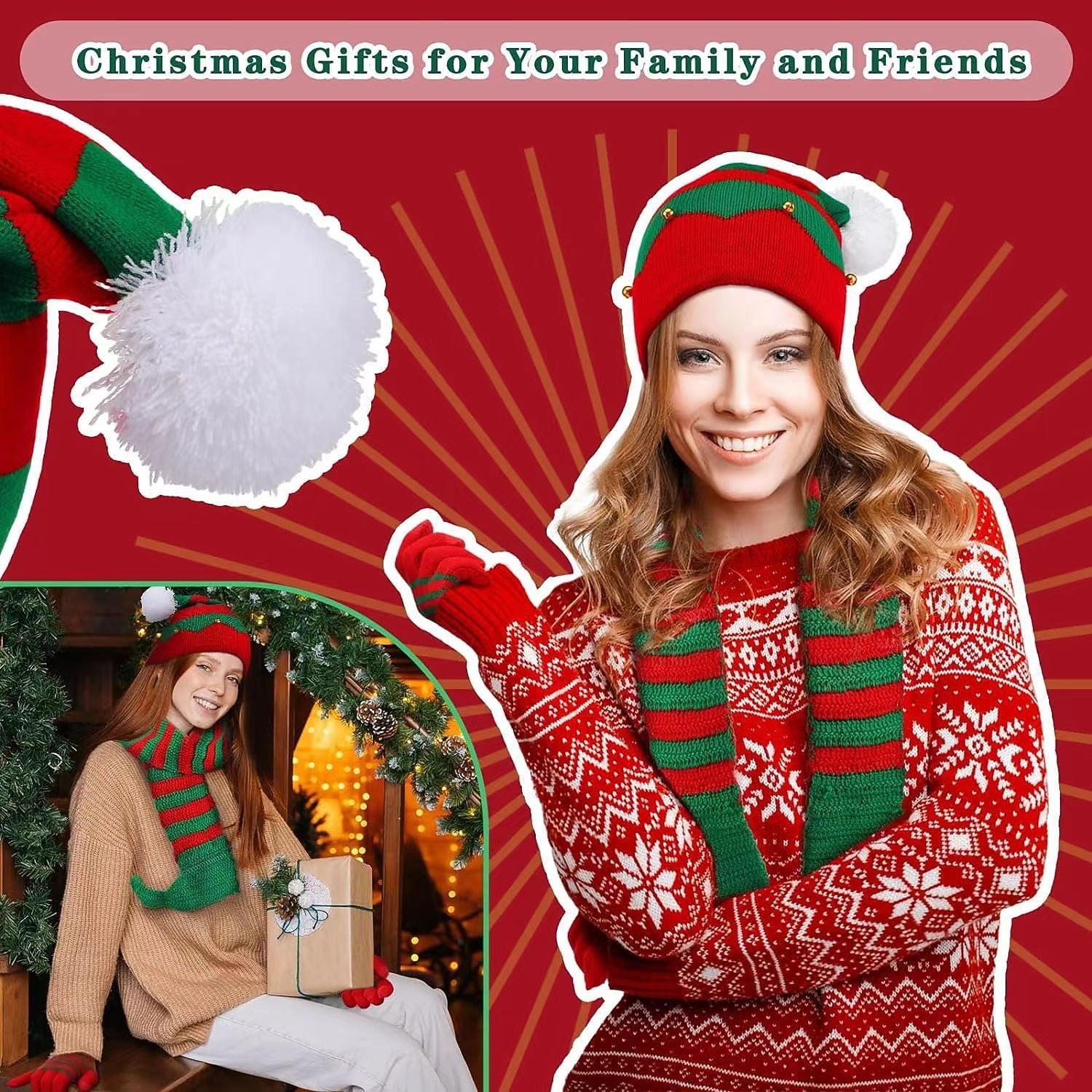 Christmas Elf Knitted Hats Scarf Set