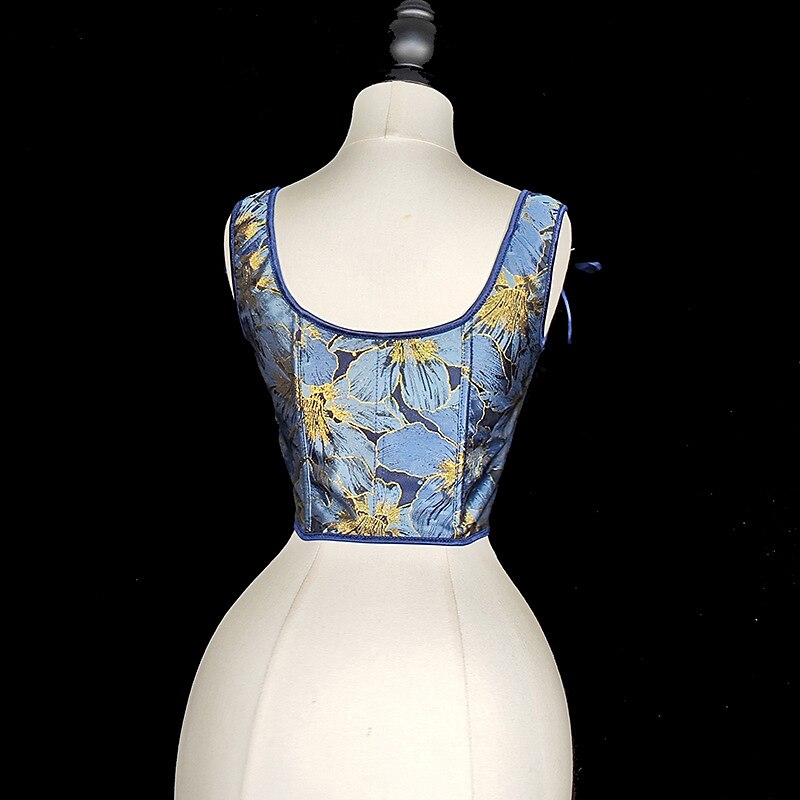 Renaissance Style Blue Pattern U-Back Corset Vest