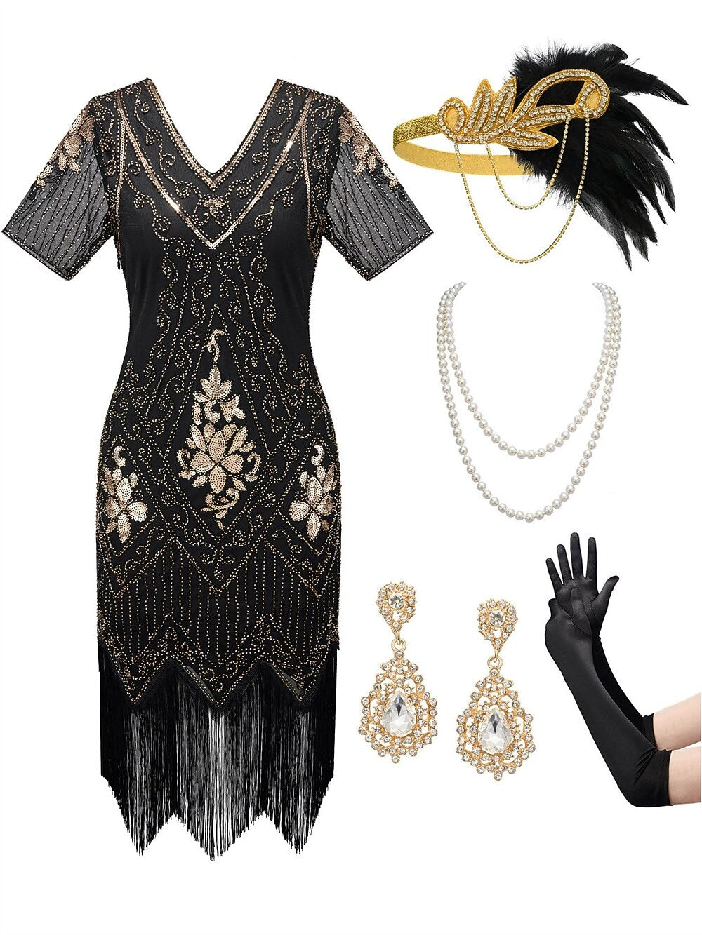 Art Deco V-Neck Flapper Dress with ACCs