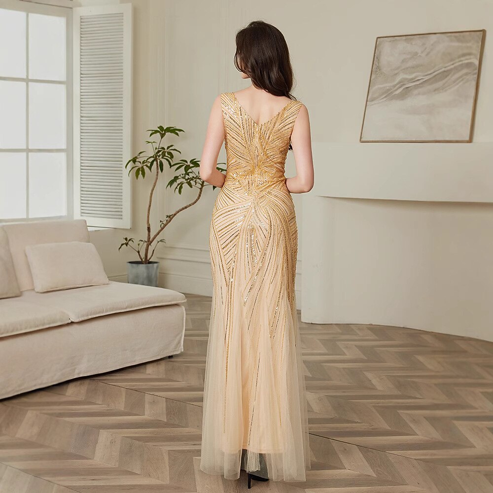 Champagne V-Neck Beaded Evening Gown