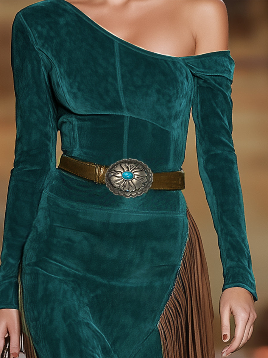 Commerce Boutique Green Faux Suede One Shoulder Midi Dress 