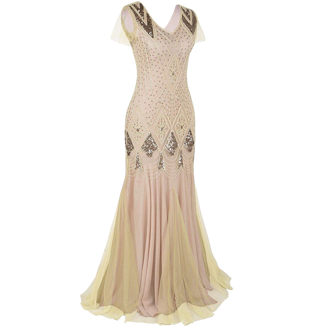 Beige Art Deco Sequin Mermaid Gown