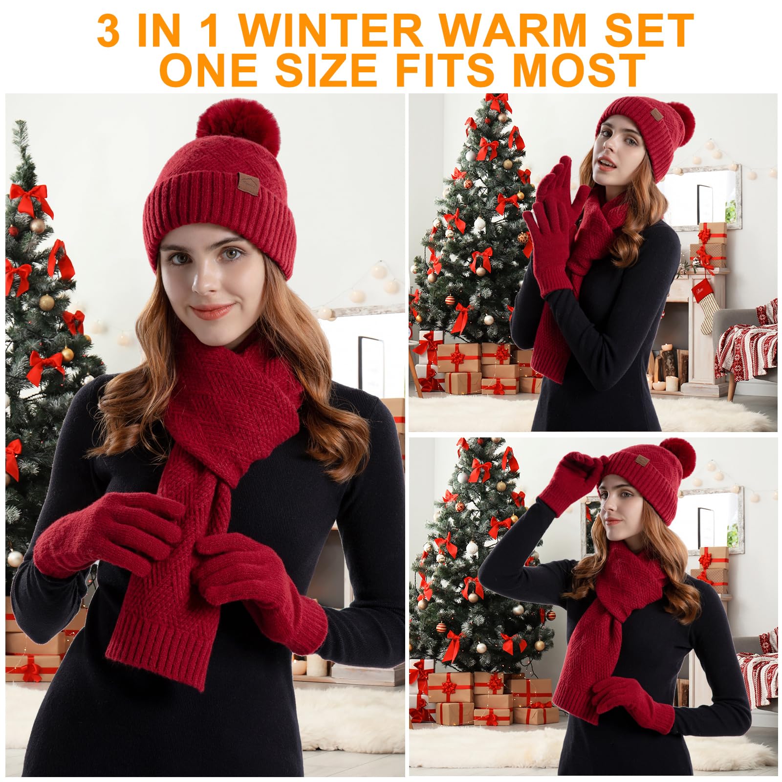 3 PCS Christmas Hat Scarf Glove Set