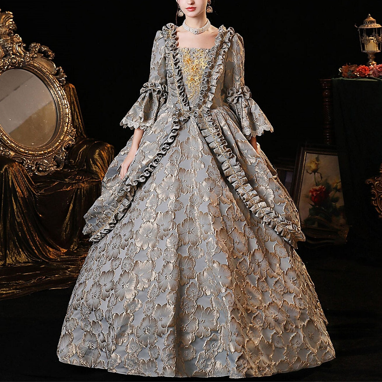 Rococo Floral Brocade Style Gown Robe à la Française