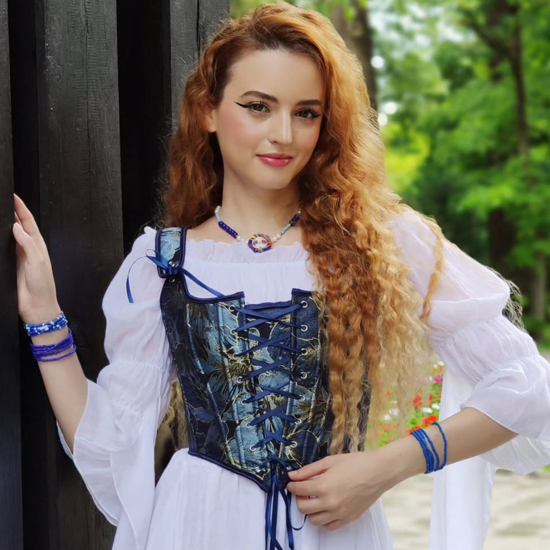 Renaissance Style Blue Pattern U-Back Corset Vest