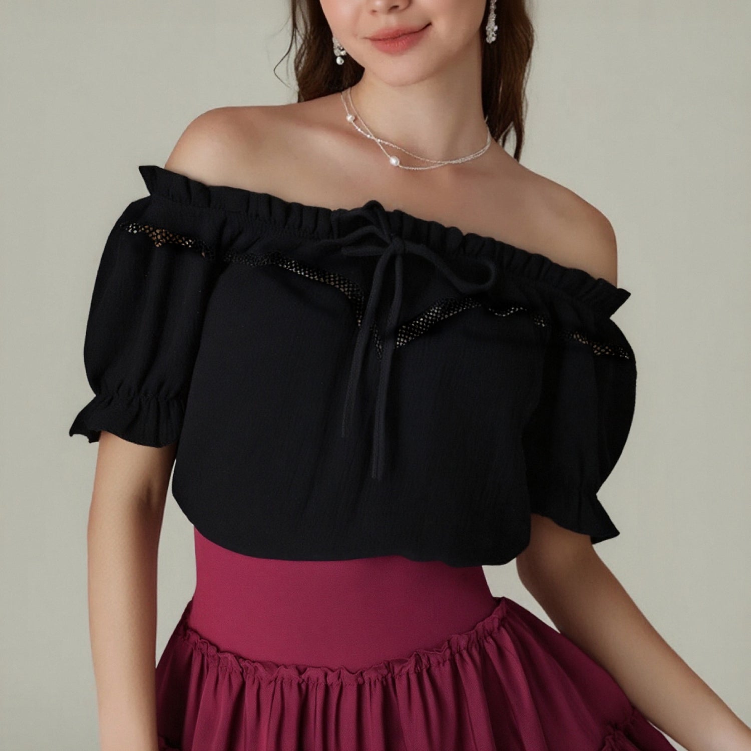 Renaissance Crew Neck Off Shoulder Lace-up Tops