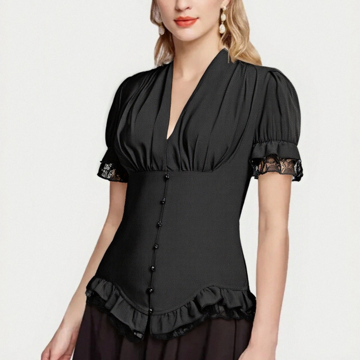 Victorian Pleated Shirt Lace Up Work Blouse