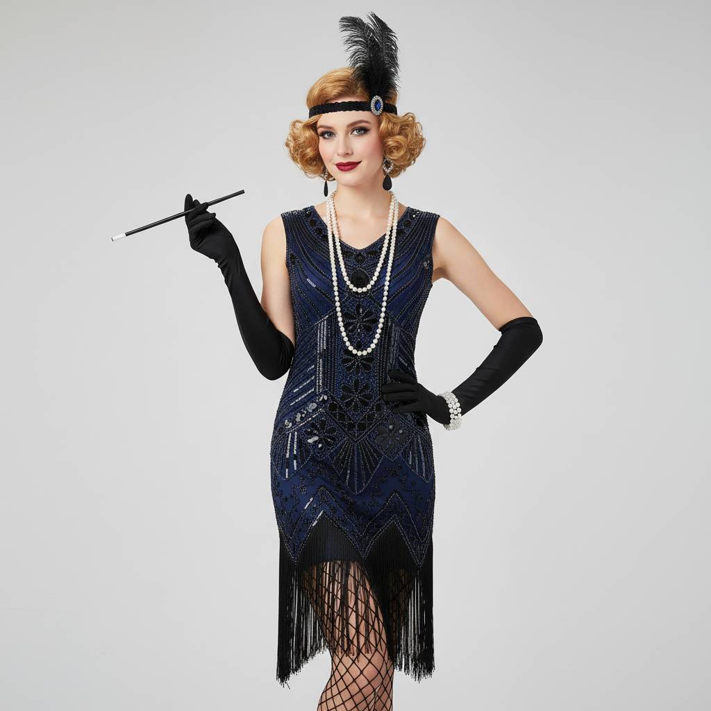 V-Neck Art Deco Flapper Dress with ACCs