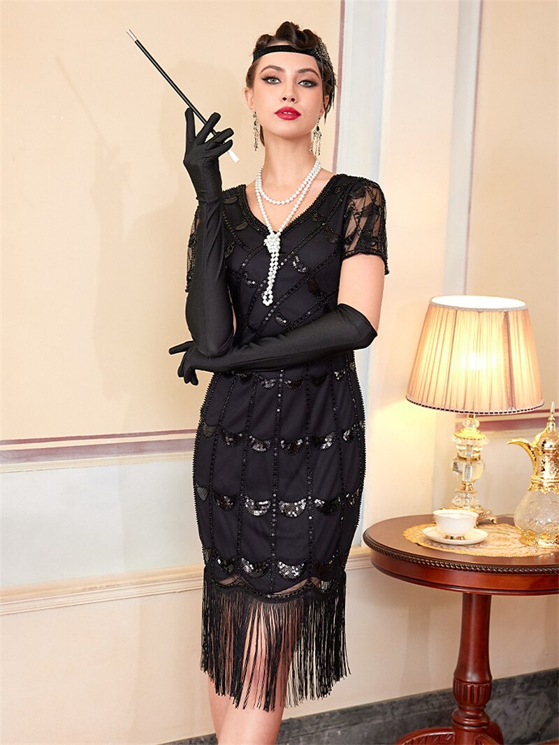 Black Sequin Pattern Flapper Dress