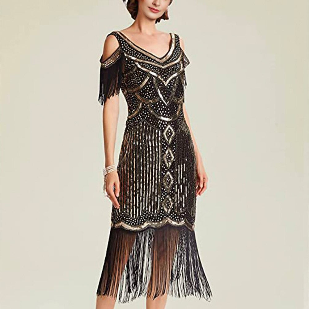 Sequin Tassel Trim Flapper Dress with ACCs