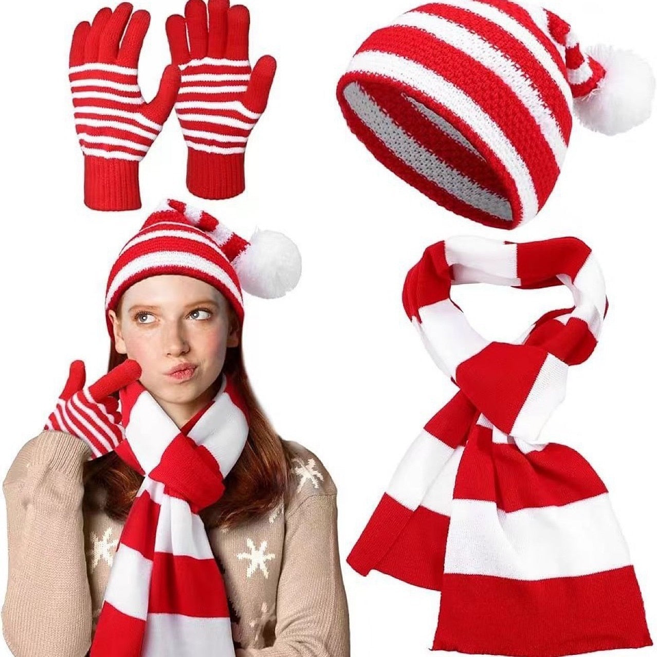 Christmas Santa Knitted Hats Scarf Set