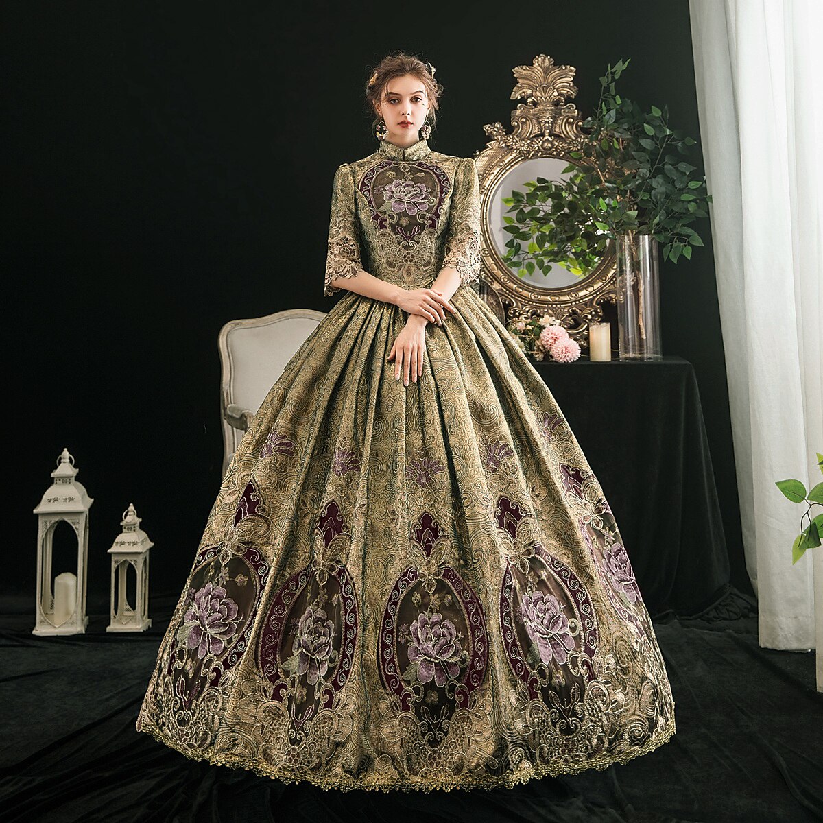Victorian Embroidered High Neck Ball Gown