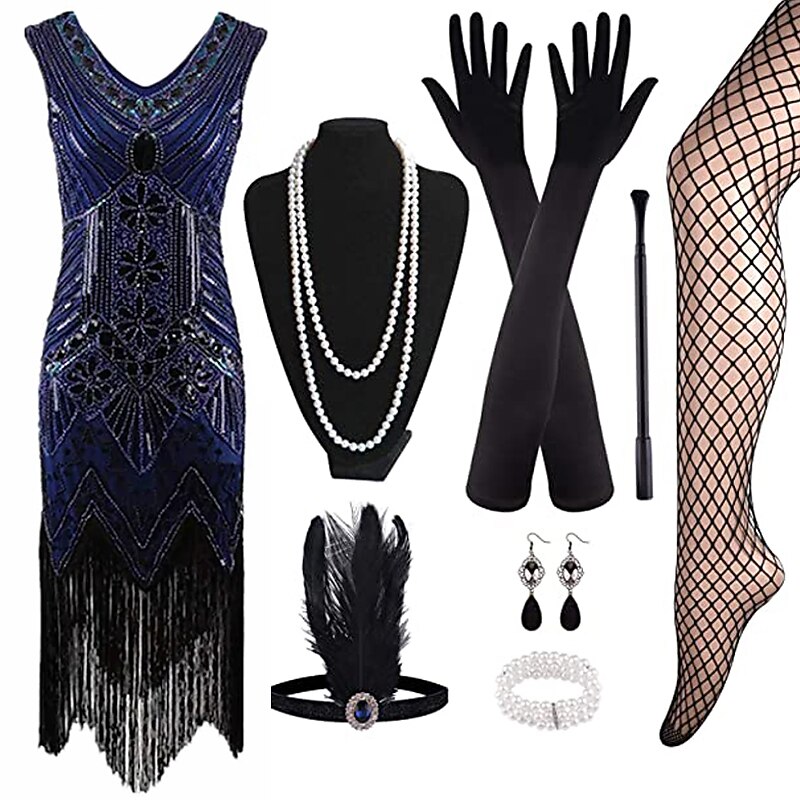 V-Neck Art Deco Flapper Dress with ACCs