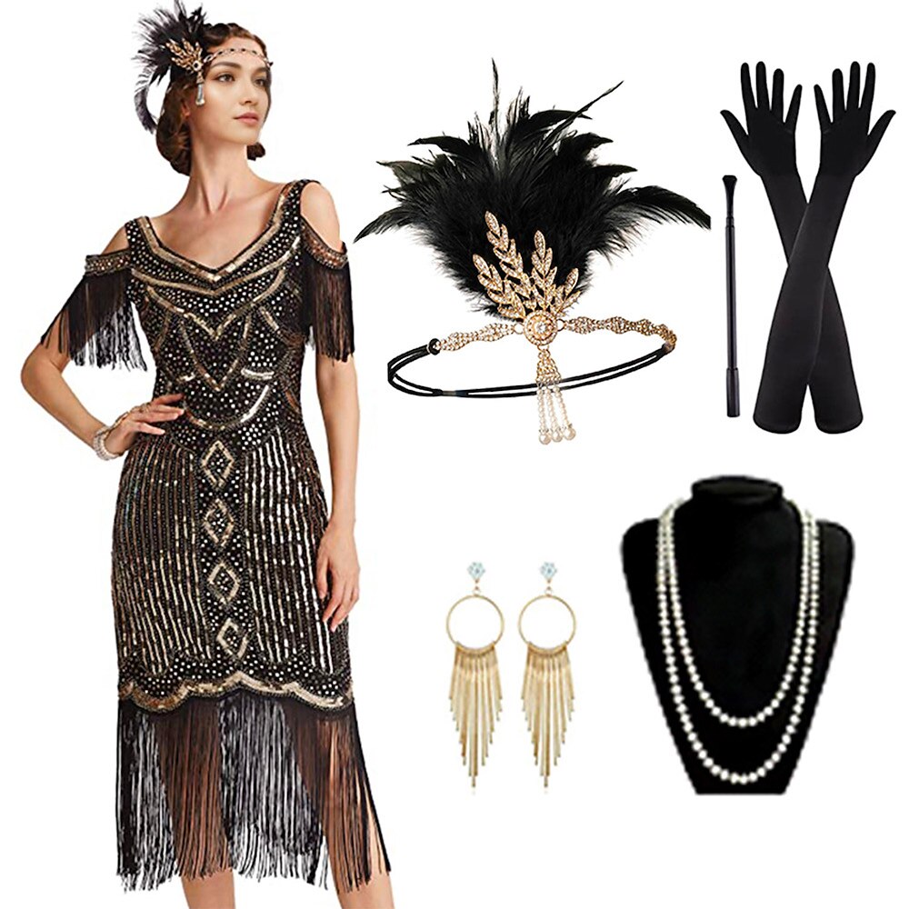 Sequin Tassel Trim Flapper Dress with ACCs