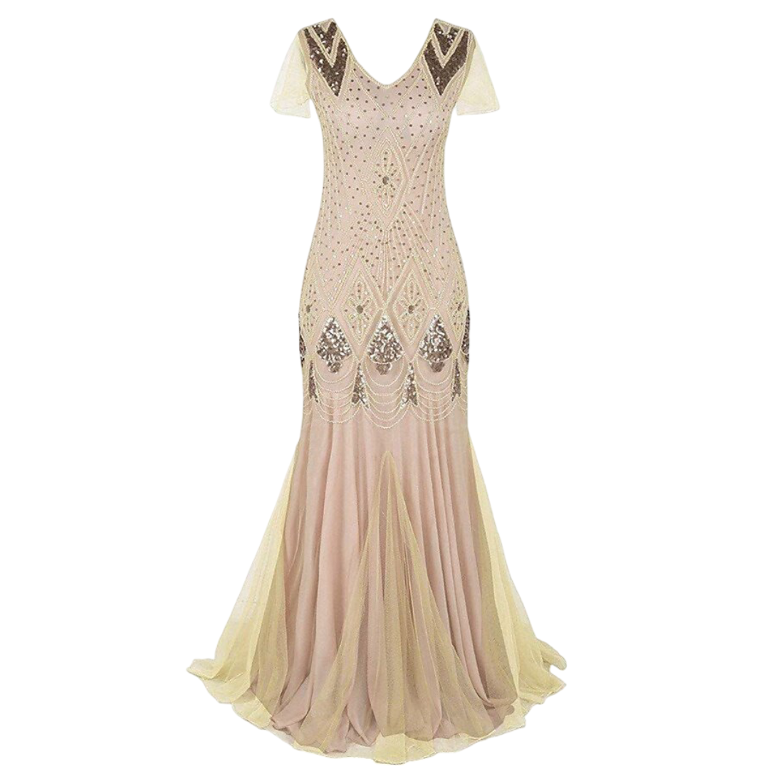 Beige Art Deco Sequin Mermaid Gown