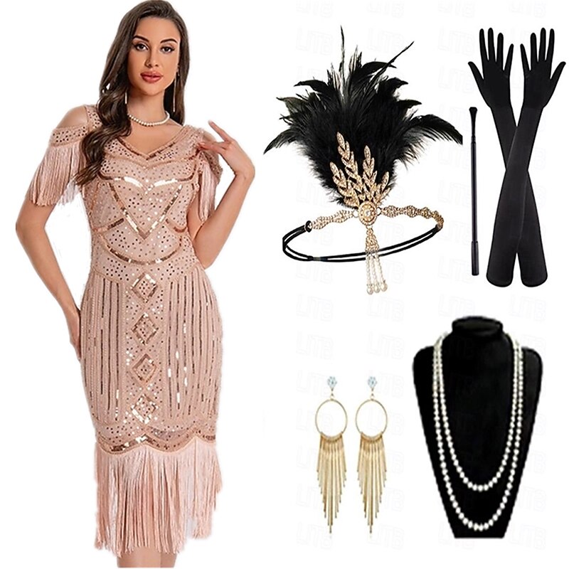 Sequin Tassel Trim Flapper Dress with ACCs