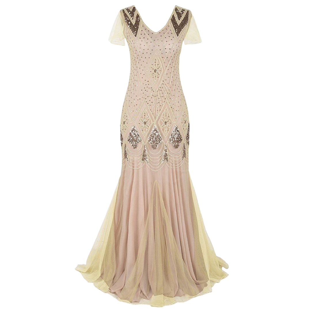 Beige Art Deco Sequin Mermaid Gown