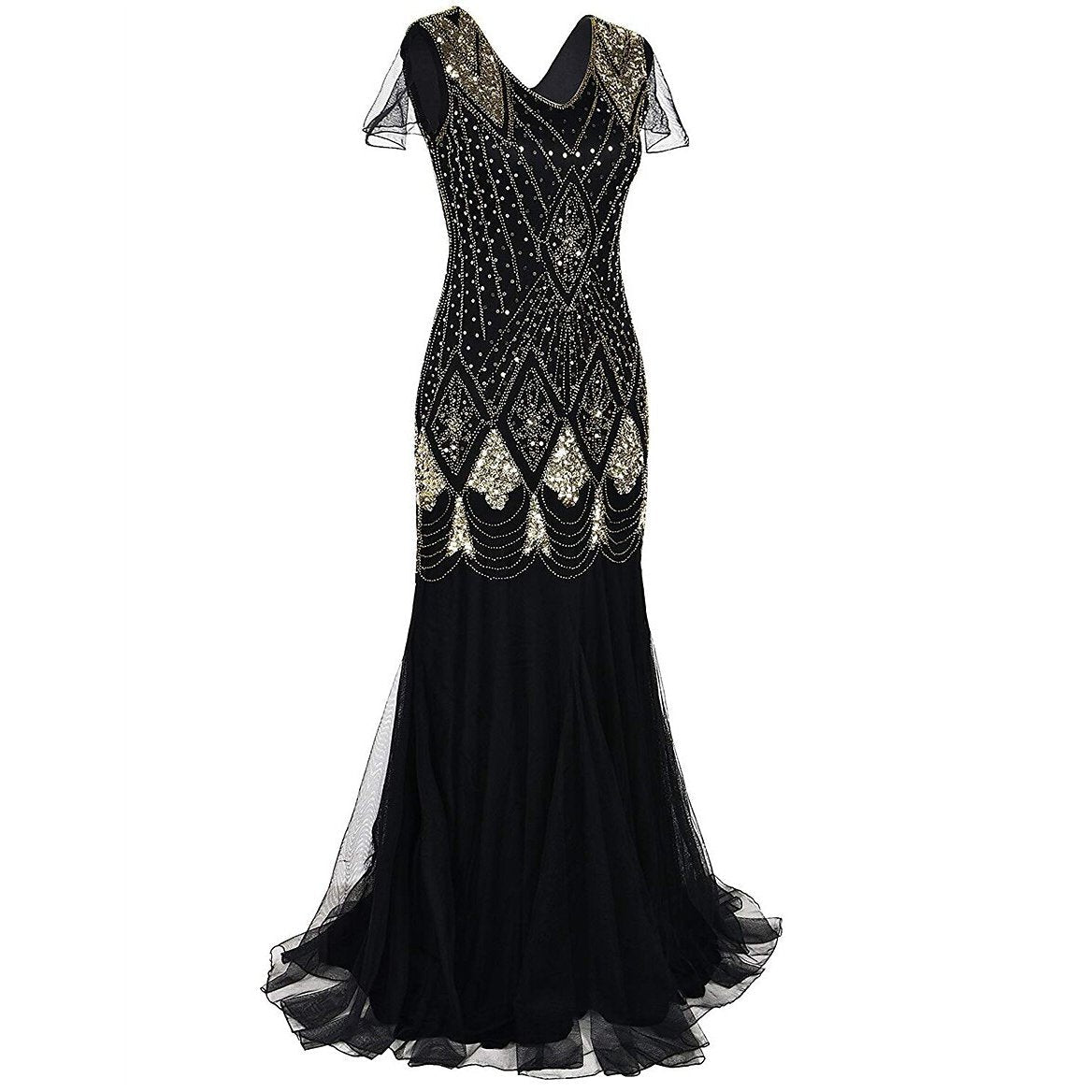 Black Art Deco Sequin Mermaid Gown