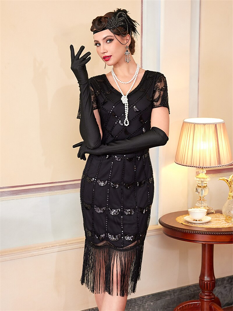 Black Sequin Pattern Flapper Dress