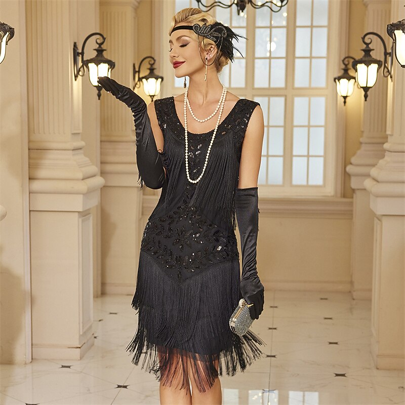 Black Sequins Layered Fringe Flapper Dresses