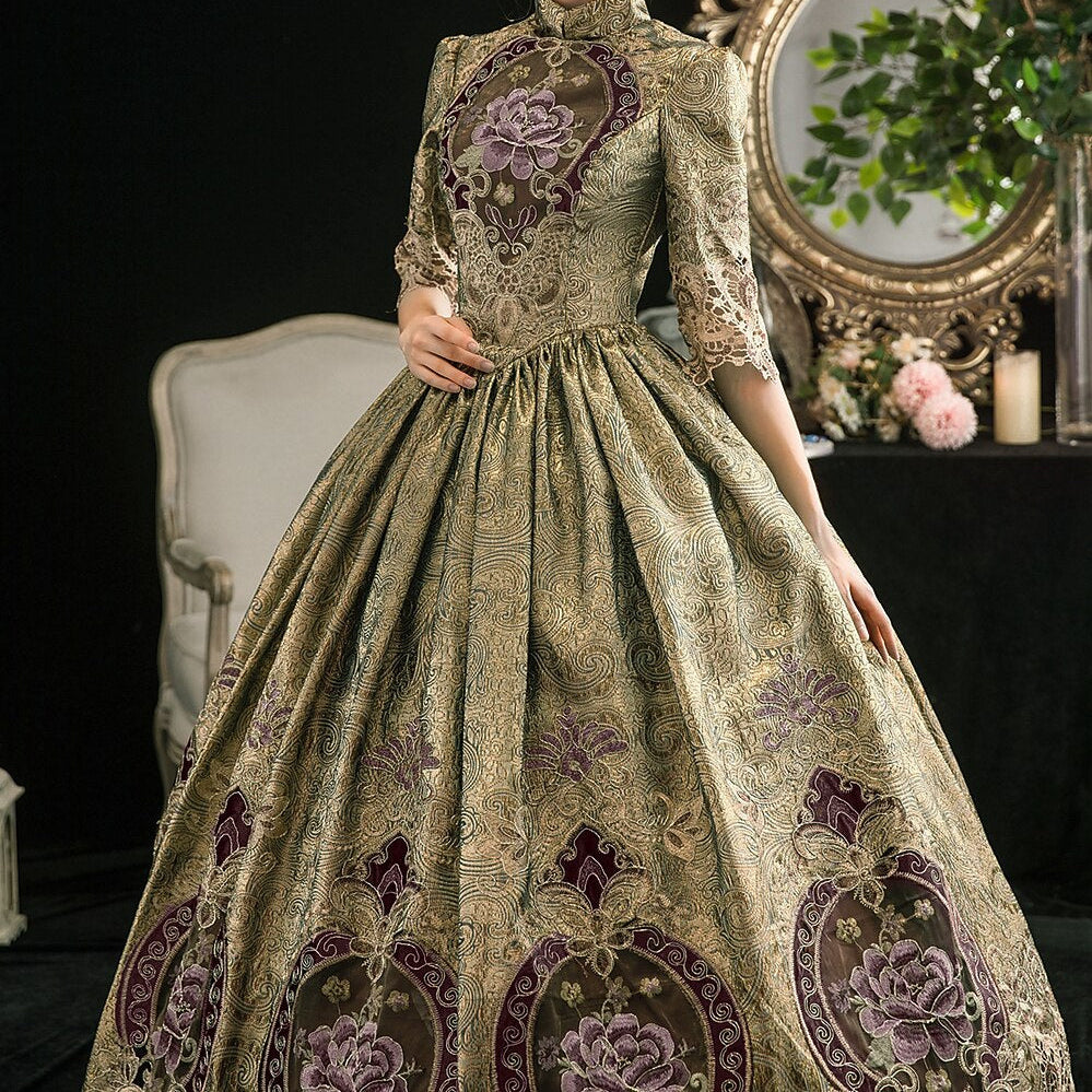 Victorian Embroidered High Neck Ball Gown