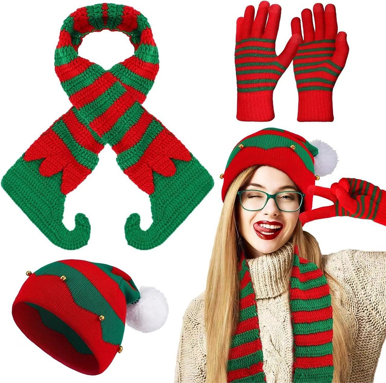 Christmas Elf Knitted Hats Scarf Set