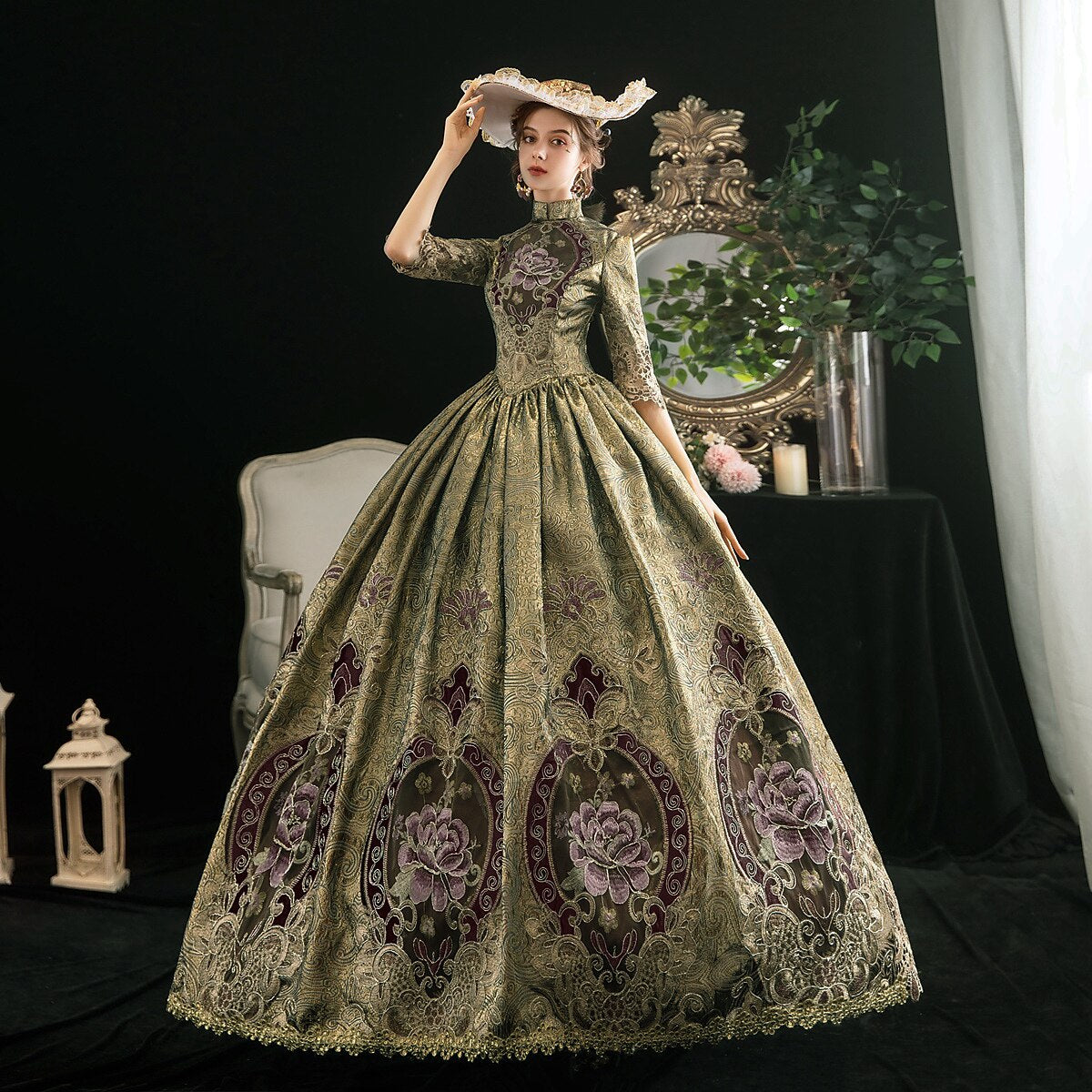 Victorian Embroidered High Neck Ball Gown